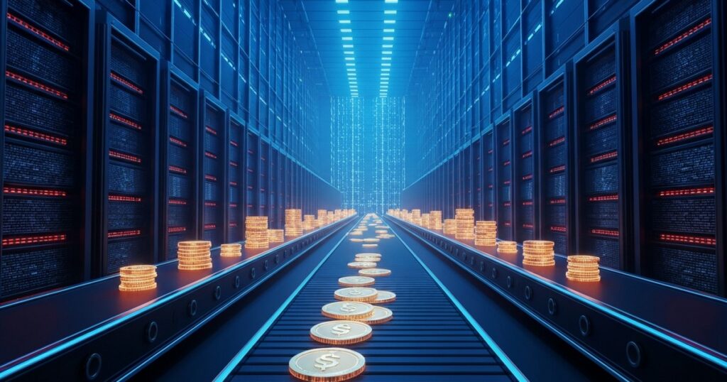 Render: una sala de data center alimentada por una cinta que convierte fichas y monedas en racks de GPU — Oracle financia su IA con despidos y deuda