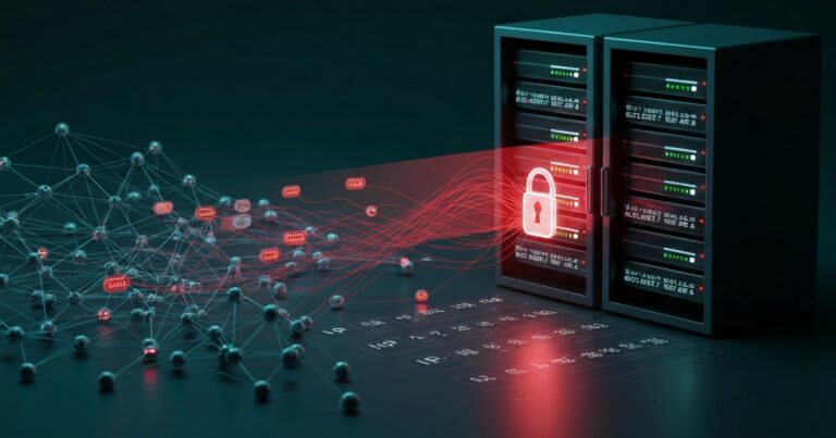 Servidores de IA self-hosted expuestos a internet siendo rastreados y comprometidos por una botnet en un mapa de red oscuro con nodos rojos