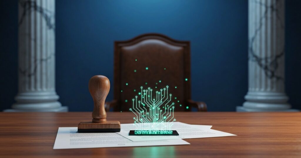 Sello oficial de gobierno estampando un documento del que emerge una red neuronal holográfica, en un escritorio de oficina pública