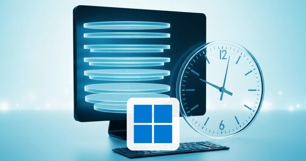 Reloj retrocediendo sobre una computadora con capas de disco que representan snapshots del sistema en Windows 11