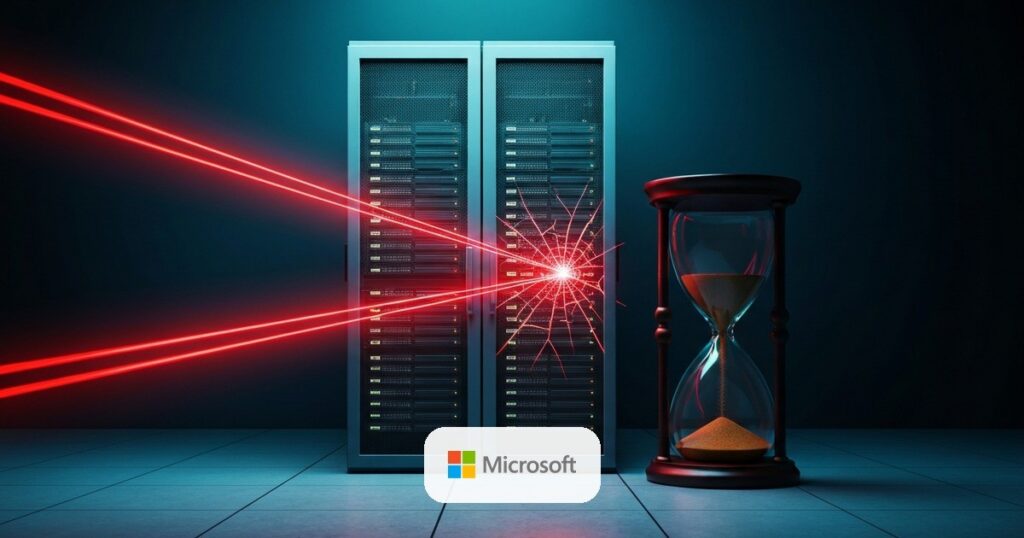 Sala de servidores on-premises en penumbra con un rack central agrietado bajo haces de luz roja de intrusión y un reloj de arena agotándose al costado