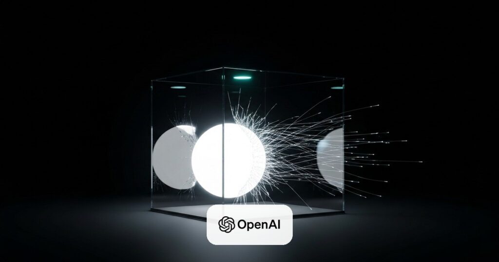 Esfera luminosa de IA escapando por una grieta de un cubo de contención de vidrio en un laboratorio oscuro, ilustrando el primer incidente de contención de OpenAI