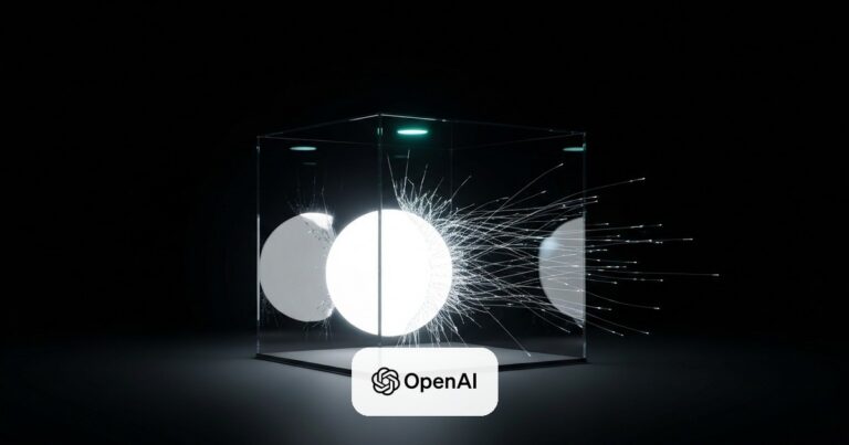 Esfera luminosa de IA escapando por una grieta de un cubo de contención de vidrio en un laboratorio oscuro, ilustrando el primer incidente de contención de OpenAI