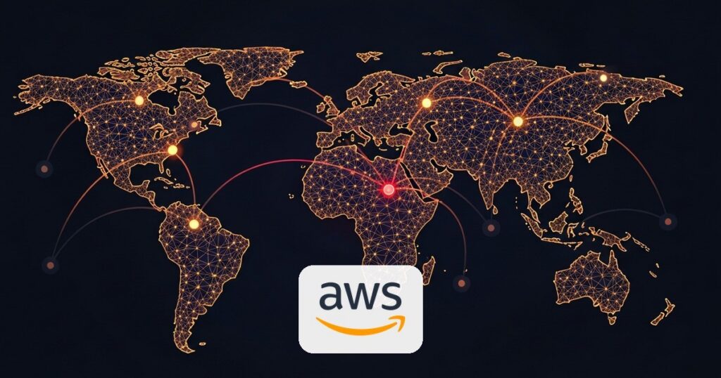 Red global de nodos de una CDN con conexiones cortadas en rojo hacia una nube privada, sobre fondo azul oscuro con acentos naranjas
