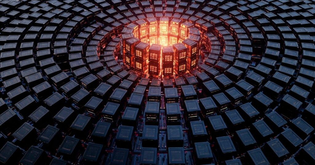 Estructura colosal de nodos de cómputo interconectados con un pequeño grupo de módulos iluminados en el centro, en paleta azul oscuro con acentos rojos y dorados