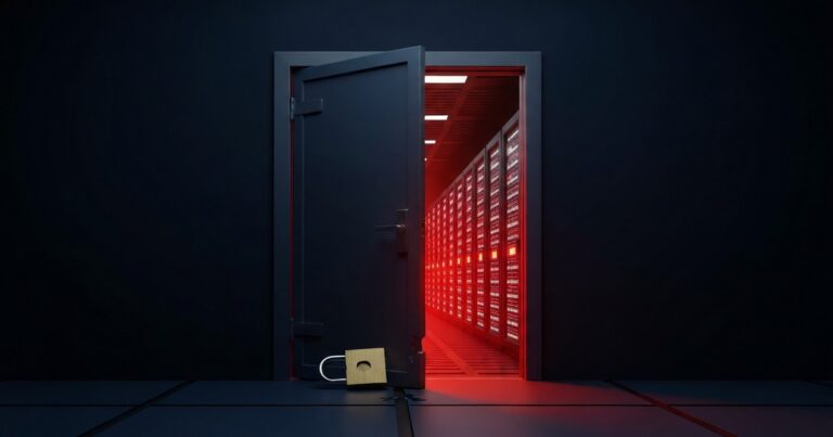 Puerta de un túnel VPN corporativo entreabierta con luz de alerta roja filtrándose hacia una red de servidores