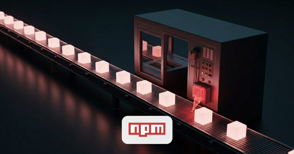 Cinta transportadora de paquetes de software donde una rama lateral sin control de seguridad inyecta un componente malicioso rojo brillante dentro de un paquete