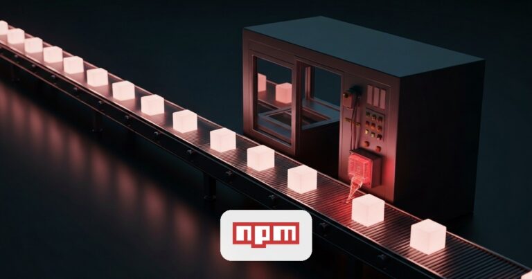 Cinta transportadora de paquetes de software donde una rama lateral sin control de seguridad inyecta un componente malicioso rojo brillante dentro de un paquete
