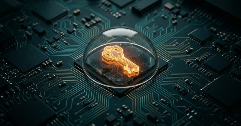 Llave criptográfica brillante fusionada dentro de un chip sobre una motherboard, protegida bajo una cúpula de vidrio