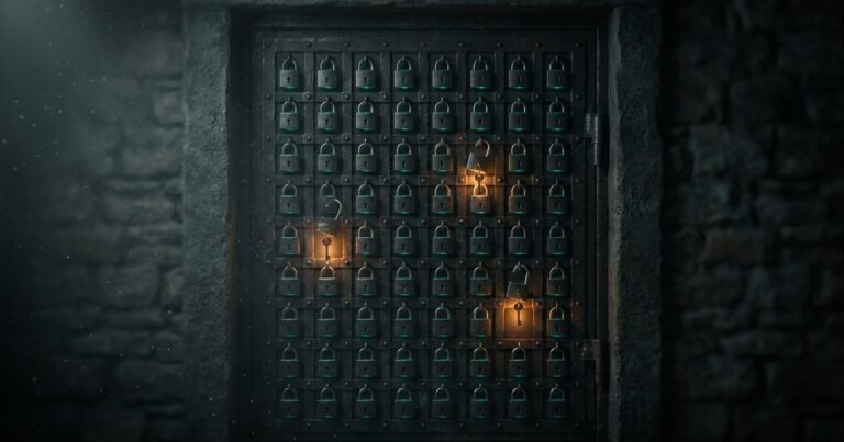 Puerta metálica en tono verde azulado cubierta de candados, con tres abiertos y sus llaves colgando al lado