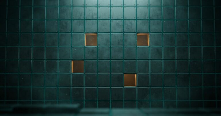 Muro metálico de placas remachadas en tono verde azulado con algunas aberturas brillando en ámbar sin sellar