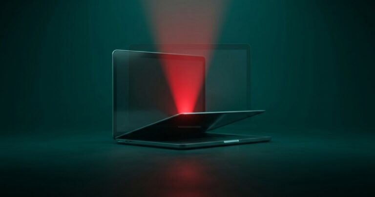 Laptop estilo Mac abierta en una sala oscura con un cono de luz roja de alerta cayendo sobre el teclado