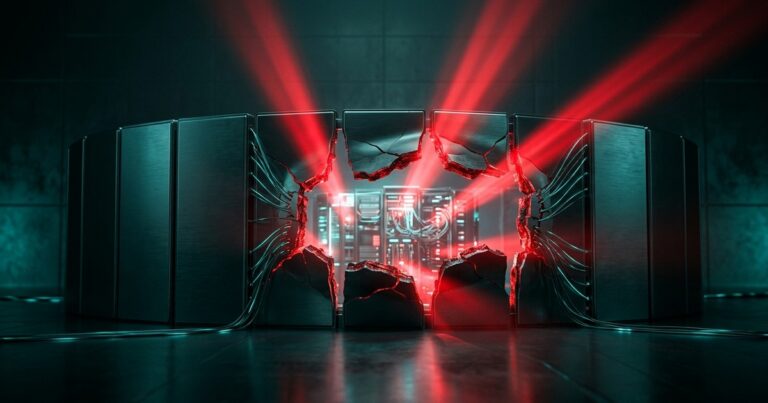 Muro perimetral de seguridad estilizado con cinco brechas iluminadas en rojo por las que pasan haces de luz, en paleta verde azulada oscura