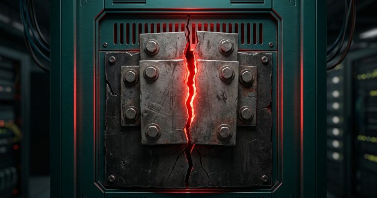 Placa metálica de reparación atornillada sobre un panel de servidor oscuro y agrietado, con una segunda placa encima que también muestra una fisura iluminada en rojo