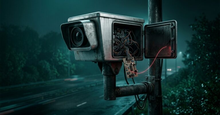 Una cámara de control de velocidad de carretera sobre su poste, con la carcasa trasera abierta y un módulo electrónico extraño colgando de sus cables, en paleta verde azulada con acento rojo