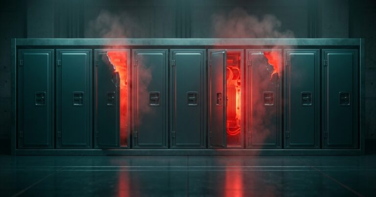 Fila de módulos idénticos de rack de servidores donde tres tienen el frente abierto y brillan en rojo mientras el resto permanece sellado