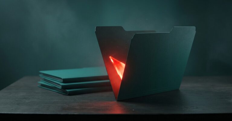 Detalle de un formulario web físico sobre una superficie oscura con una carpeta de archivos entreabierta de la que sale una luz roja de alerta