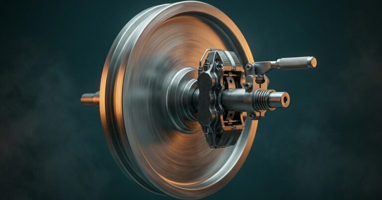 Render editorial de un volante de inercia metálico girando a toda velocidad con una pinza de freno a milímetros del disco, donde la palanca del freno está montada sobre el mismo eje que hace girar la rueda