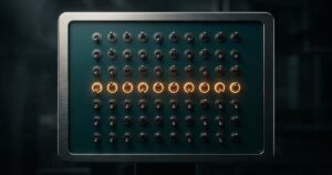 Panel de control oscuro con hileras de interruptores lisos, algunos levantados y otros bajos, iluminado en verde azulado