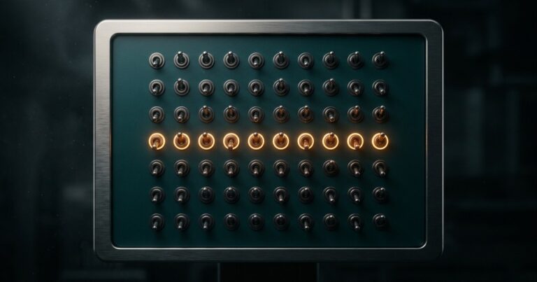 Panel de control oscuro con hileras de interruptores lisos, algunos levantados y otros bajos, iluminado en verde azulado