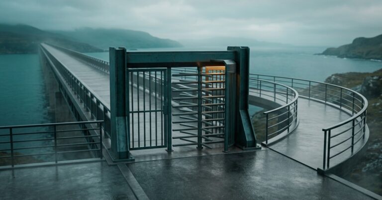 Torniquete metálico cerrado frente a un puente que se extiende hacia el horizonte, con una segunda pasarela abierta que lo rodea por un costado