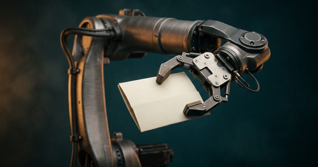 Render editorial de un brazo robótico industrial sosteniendo una hoja de papel en blanco con un pliegue que oculta parte del texto, en tonos verde azulado profundo