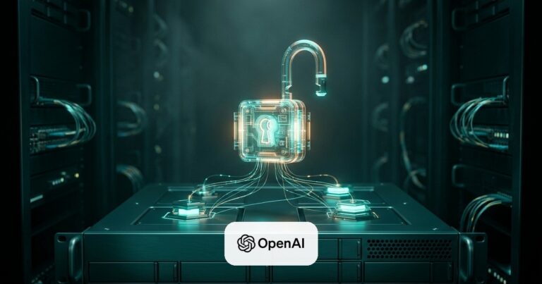 Un candado digital entreabierto sobre un panel de servidores con líneas de código fluyendo entre dos nodos conectados