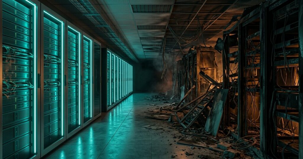 Pasillo de un centro de datos con racks de servidores iluminados que termina abruptamente en una sección dañada y ennegrecida