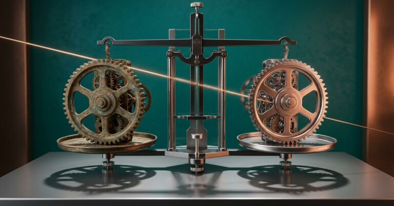 Render editorial de una balanza de precisión con dos engranajes casi idénticos en cada platillo, uno de metal viejo y oxidado y otro nuevo y pulido, perfectamente equilibrados