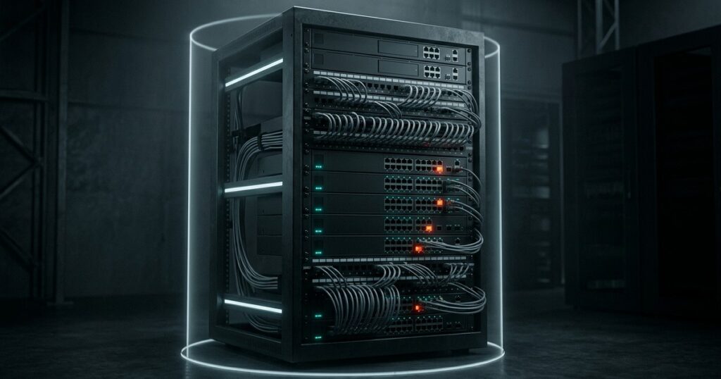 Rack de equipos de red perimetral en penumbra, con varios puertos y luces de estado encendidos en rojo entre filas de luces verdes