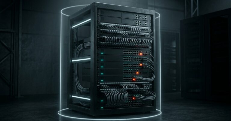 Rack de equipos de red perimetral en penumbra, con varios puertos y luces de estado encendidos en rojo entre filas de luces verdes