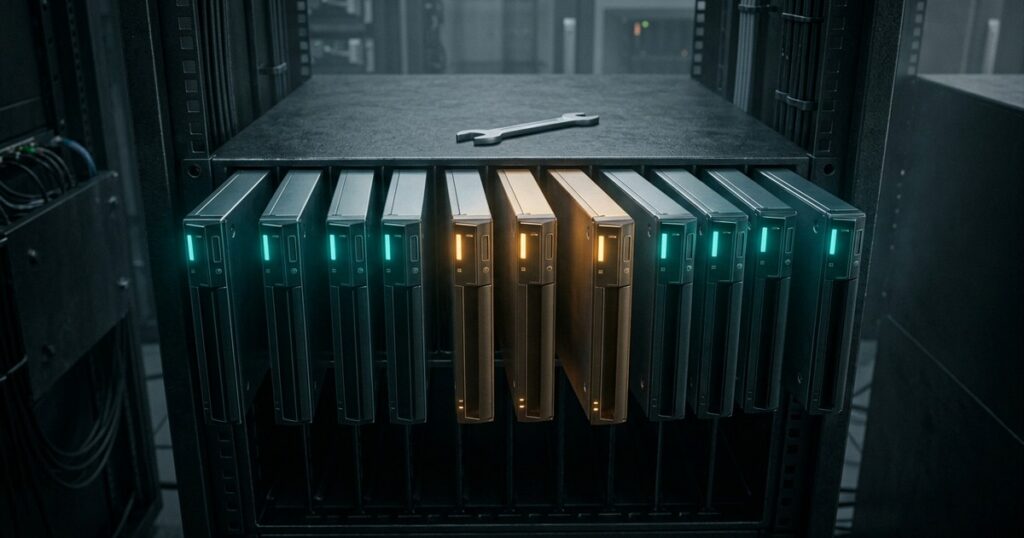 Rack de servidores con un panel frontal donde varios módulos brillan con luz de alerta ámbar entre módulos verde azulado