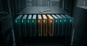 Rack de servidores con un panel frontal donde varios módulos brillan con luz de alerta ámbar entre módulos verde azulado