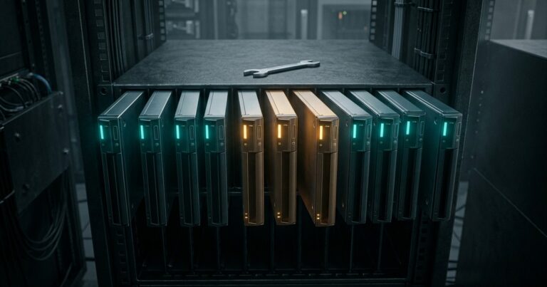 Rack de servidores con un panel frontal donde varios módulos brillan con luz de alerta ámbar entre módulos verde azulado