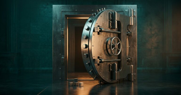 Una bóveda de metal pulido con la puerta entreabierta, sin cerradura forzada, sobre una superficie oscura con reflejos verde azulado