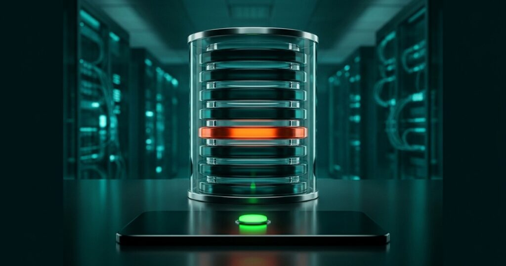 Render editorial de un tablero de control con una luz verde de tarea completa encendida, mientras detrás un cilindro de base de datos translúcido muestra un único bloque interno brillando en rojo, en tonos verde azulado profundo