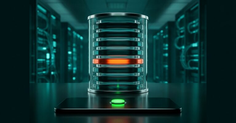 Render editorial de un tablero de control con una luz verde de tarea completa encendida, mientras detrás un cilindro de base de datos translúcido muestra un único bloque interno brillando en rojo, en tonos verde azulado profundo