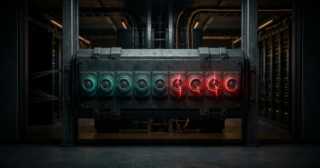Puerta blindada de un centro de datos con varias cerraduras, algunas iluminadas en rojo y otras ya aseguradas en verde azulado
