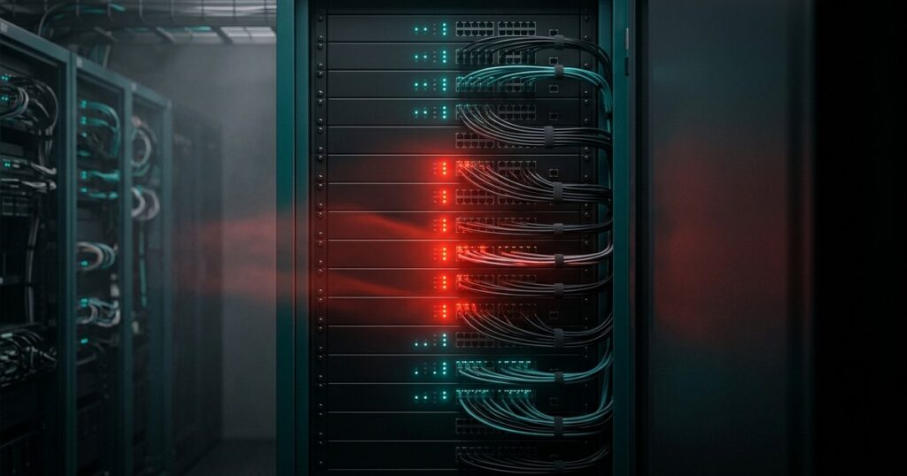 Rack de appliances de red y servidores donde varios equipos muestran luces de alerta en rojo mientras otros brillan en verde