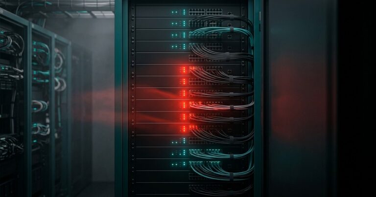 Rack de appliances de red y servidores donde varios equipos muestran luces de alerta en rojo mientras otros brillan en verde