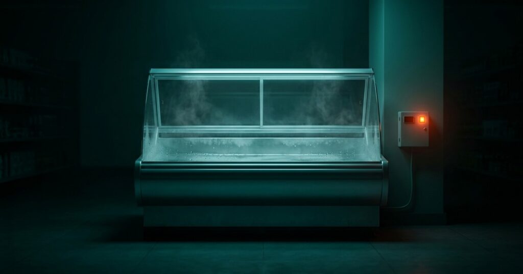 Vitrina refrigerada de supermercado vacía con la escarcha derritiéndose y un controlador de refrigeración con una luz de alerta roja