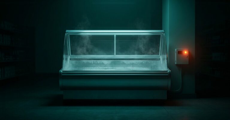 Vitrina refrigerada de supermercado vacía con la escarcha derritiéndose y un controlador de refrigeración con una luz de alerta roja